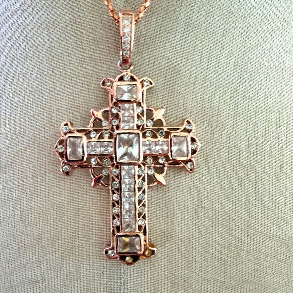 Rose Gold Tone Cross Necklace Crystal Rhinestone Statement Pendant